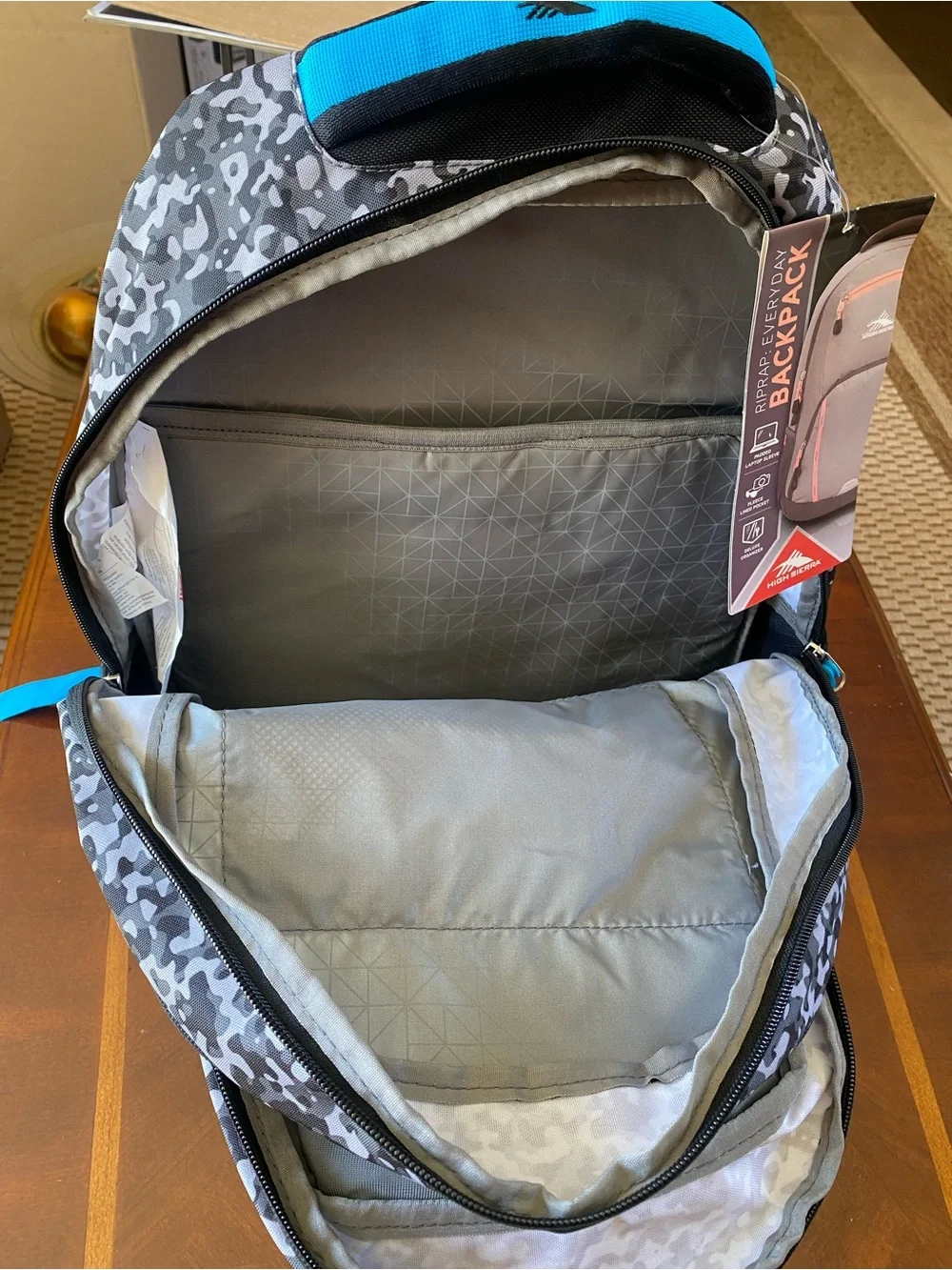 High Sierra Men’s Gray Camo Backpack with Blue Trim